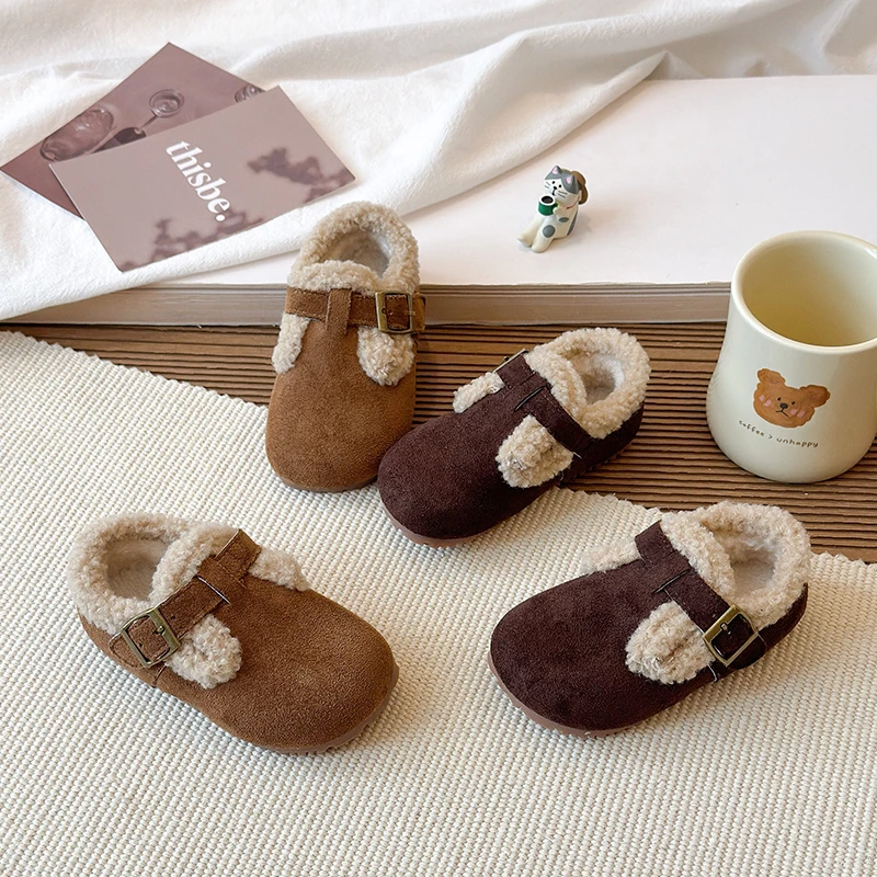 

Детская зимняя обувь, новая коричневая верблюжья уличная плюшевая обувь для девочек, модная простая мягкая детская повседневная хлопковая обувь на плоской подошве, меховая волосатая обувь