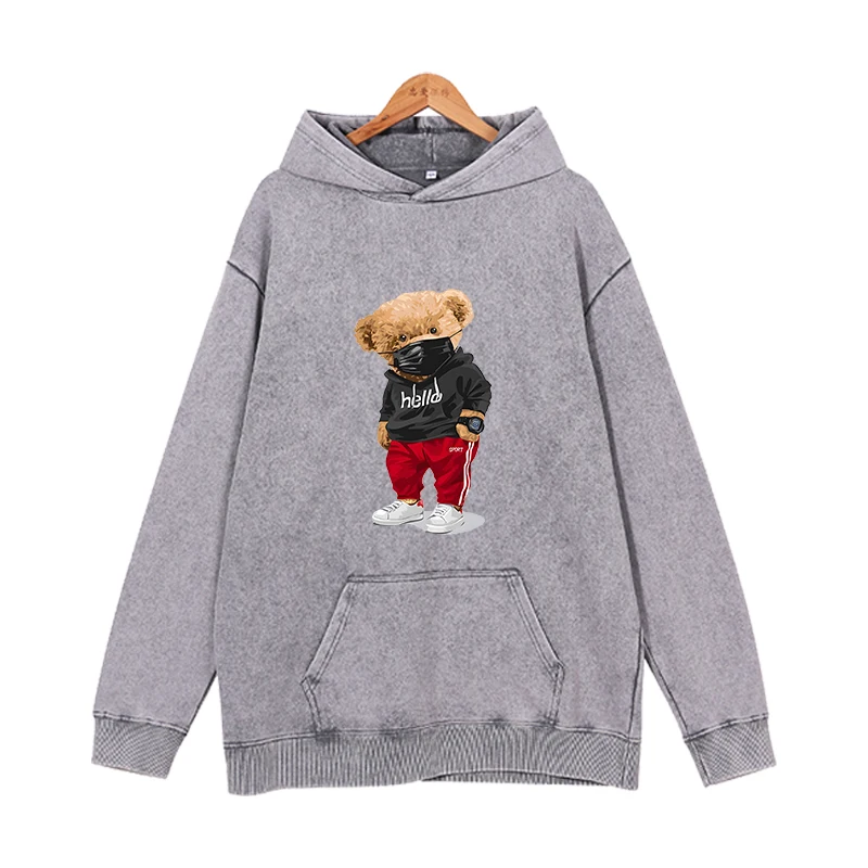 New men\'s and women\'s hooded pullovers with teddy bear print, loose, simple, trendy American long sleeved street hoodie