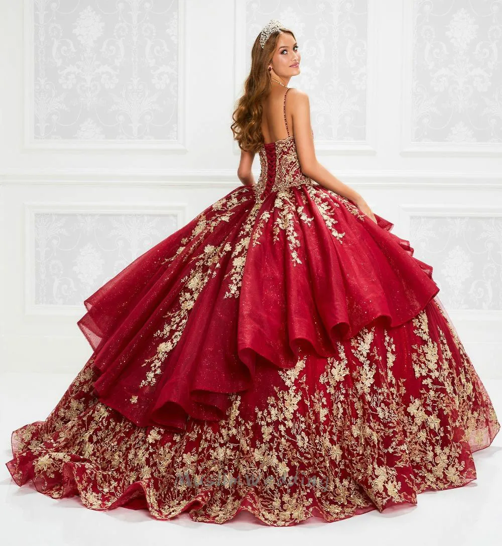 2020 Rode Luxe Quinceanera Jurken Spaghetti Prom Jurk Bling Lace Geappliceerd Glitter Meisjes Pageant Jurken Baljurk Sweet 16