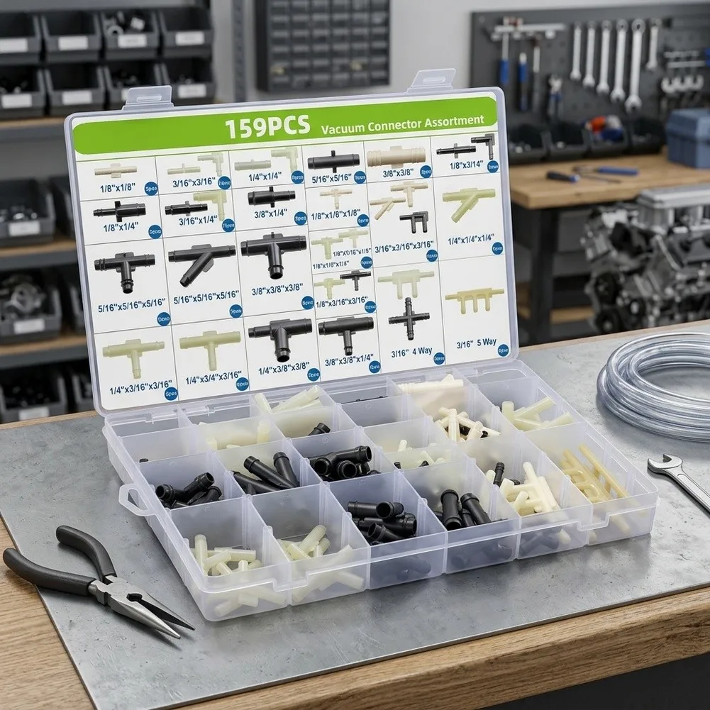159PCS Automotive Vacuum Connector Set Nylon 32 Sizes Tee Reducer Straight Fittings for Engine Management Systems