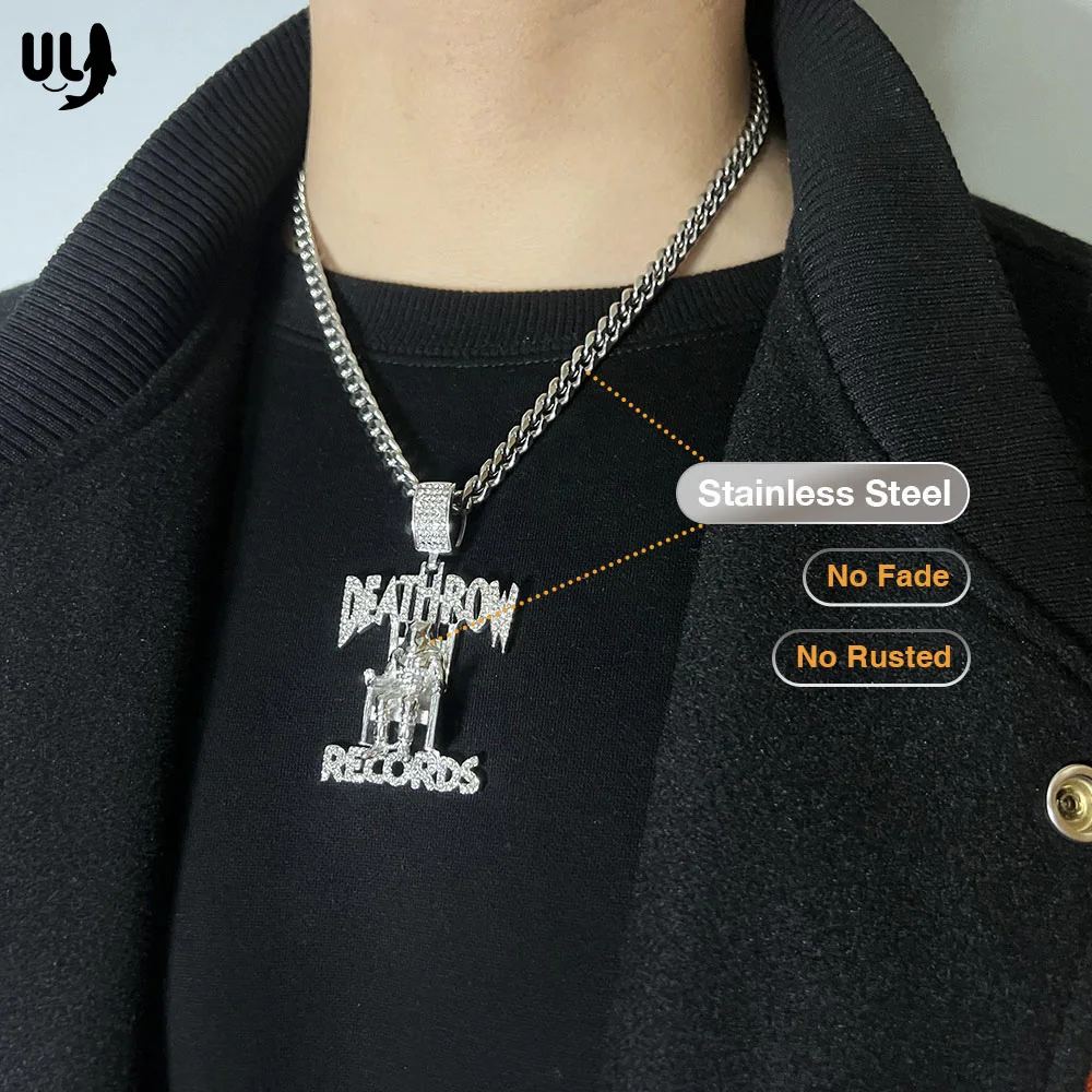 ULJ Stainless Steel DEATHROW/RECORDS Prisoner Necklace Pendant Men Iced Out  With 7mm Cuban Chain Hip-hop Male Bling Jewelry