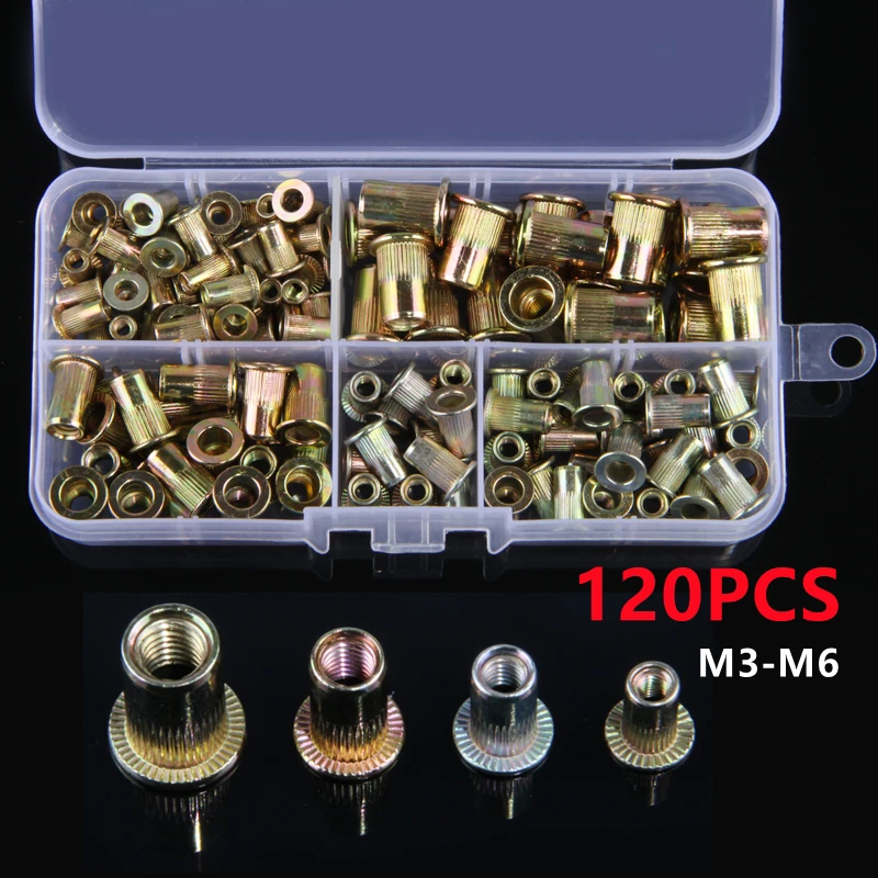 

120PCS Zinc Plated Carbon Steel Flat Head Rivet Nuts M3 M4 M5 M6 Flat Head Threaded Rivet Insert Nutsert Cap Rivet Nut