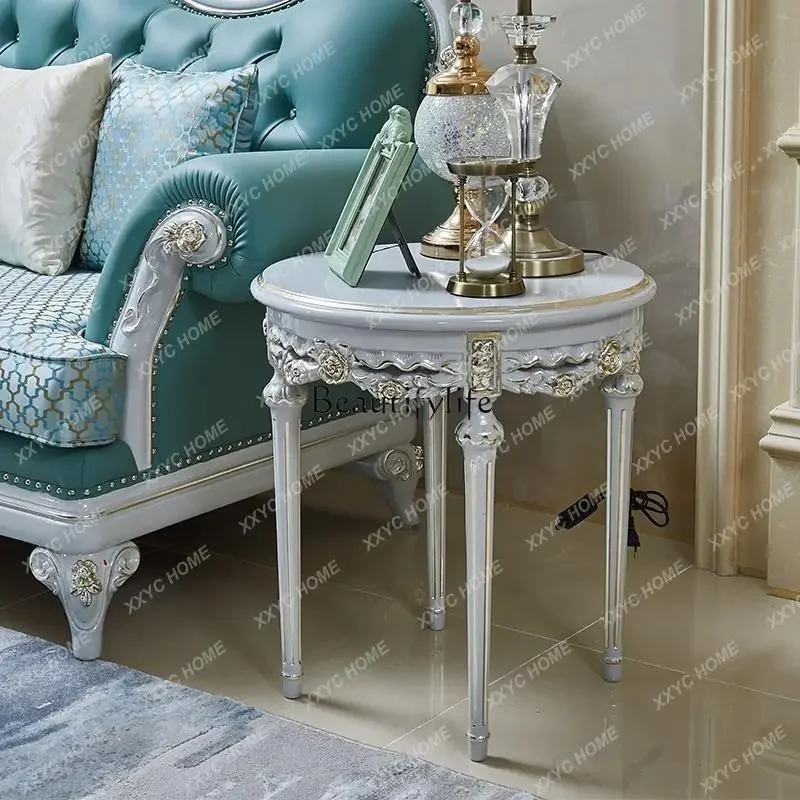 round table romantic court wind solid wood carving flower high grade gray round small corner table