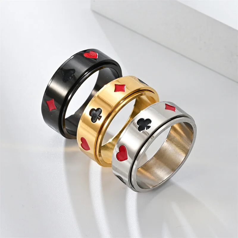 Poker Symbol Ring for Men Boys,Spades Black Plum Blossoms Stainless Steel Rotating Ring,Classic Jewelry Gifts