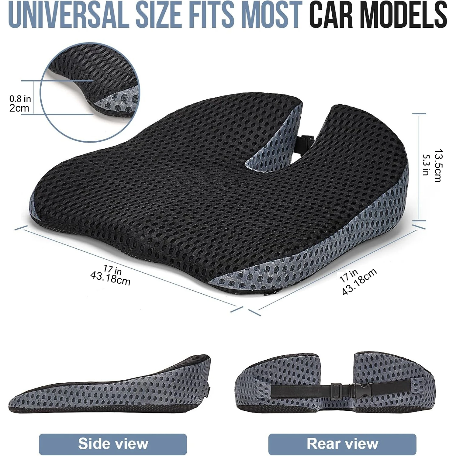 A wedge-shaped memory foam car seat cushion featuring a U-shaped contour, mesh-style cover, and adjustable straps for compatible seating.