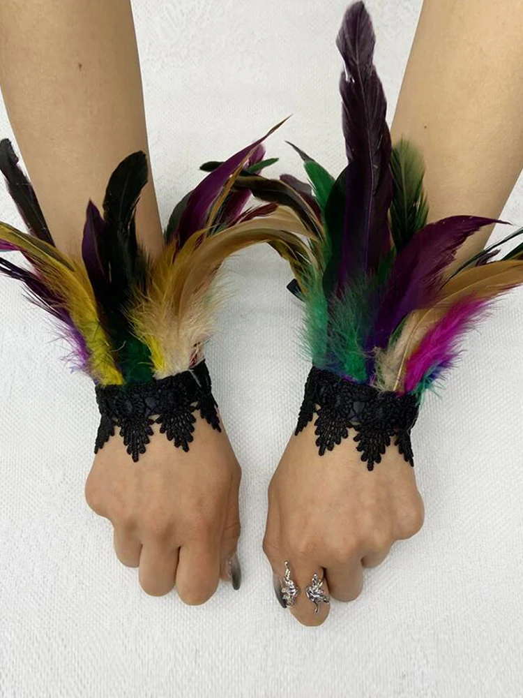 Holloween Lace Feather Gloves Hook Finger Embroidery Mittens Exaggerated Lace Fishnet Gloves Stage Performance Arm Cover