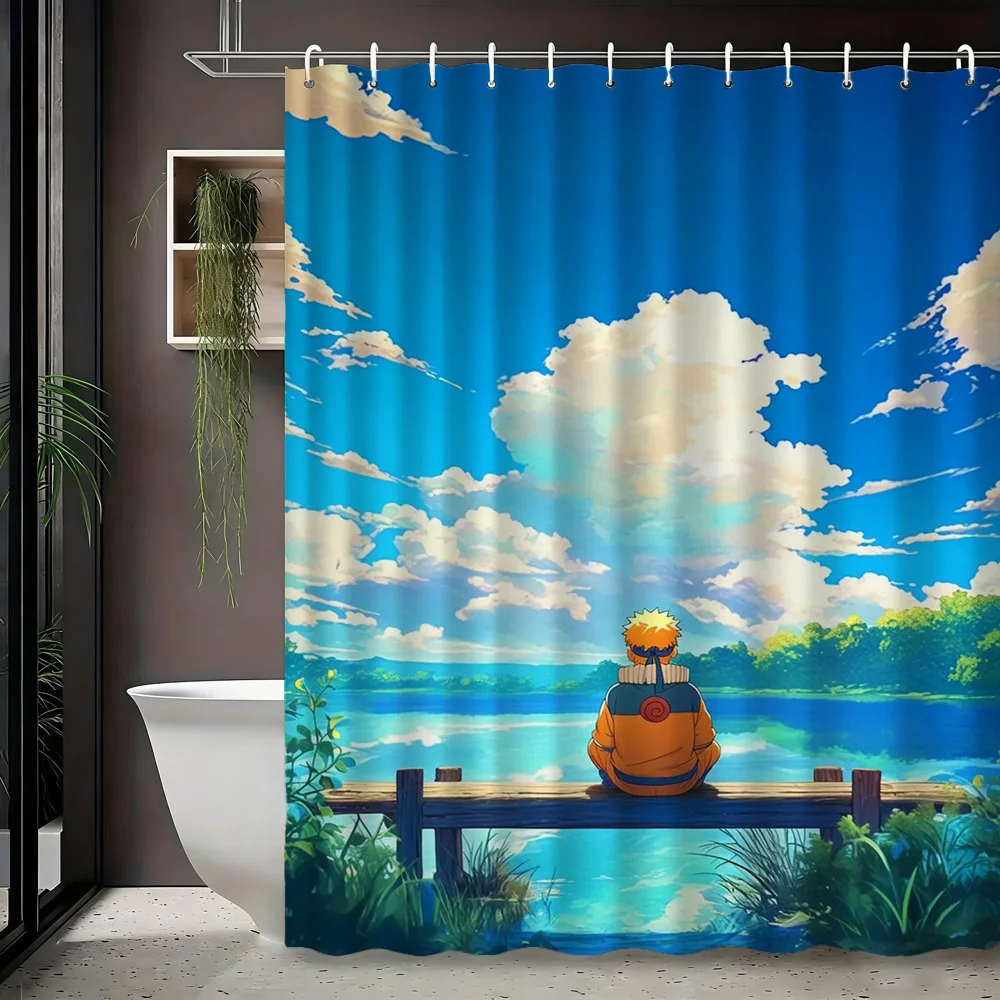 2D Flat Naruto Anime Naruto Uzumaki Serene Lake Bench Scenery Print Waterproof Shower Curtain for Bathroom Decor