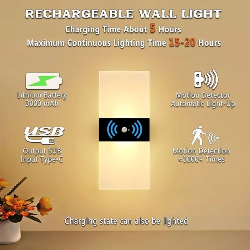 2PCWireless applique batterie avec interrupteur LED alimenté par batterie applique intérieure tactile contrôle lampe USB Rechargeable éclairage mural
