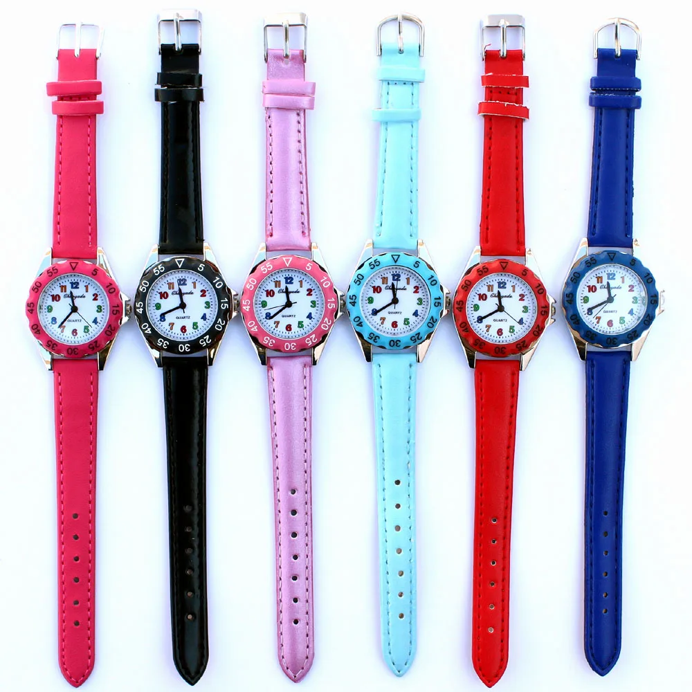 6Pcs Kids Wristwatch Set for Boys And Girls Leather Strap Student Gift Educational Watch