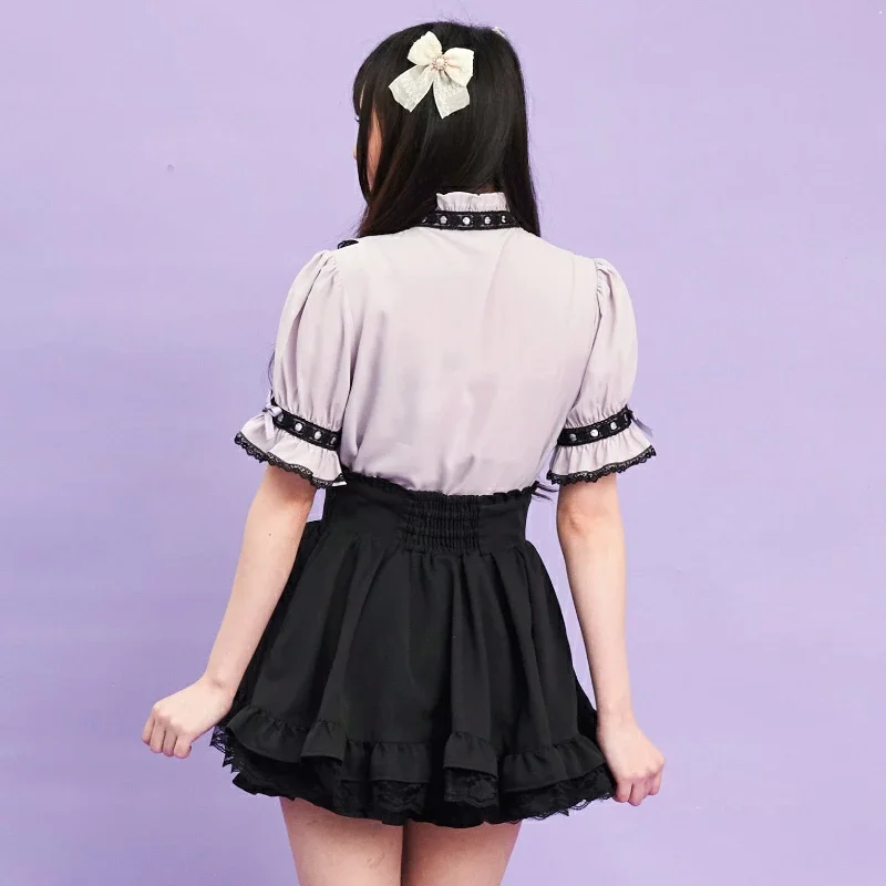 Summer Japanese Rojita Short-sleeved Shirt Heavy Industry Lolita Cute Sweet Blouse Wooden Ear Edge Lace Splicing Lace-up Blusas