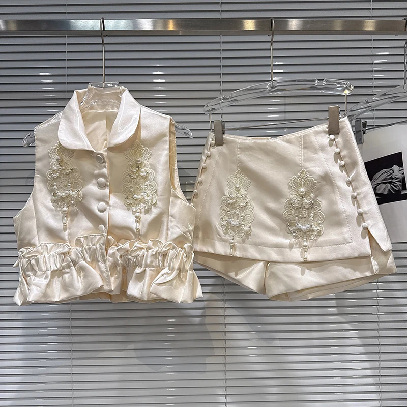 Spring and Autumn Female Pearl Embroidery Nail Bead Single-breasted Vest+button Up Skirt Women Two-piece Set