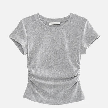 슬림핏 티셔츠 여성 여자 슬림핏 허리 조임 짧은 소매 여성 여자 2024년 신상 디자인 감각 접힌 어깨 정상 짧은 티셔츠 셔츠 티셔츠