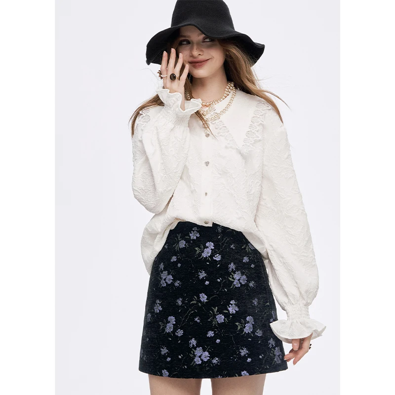 ELFSACK Women's Gothic Mini Skirt with Floral Jacquard Pattern, High‑Waist A‑Line Short Skirt for Fall