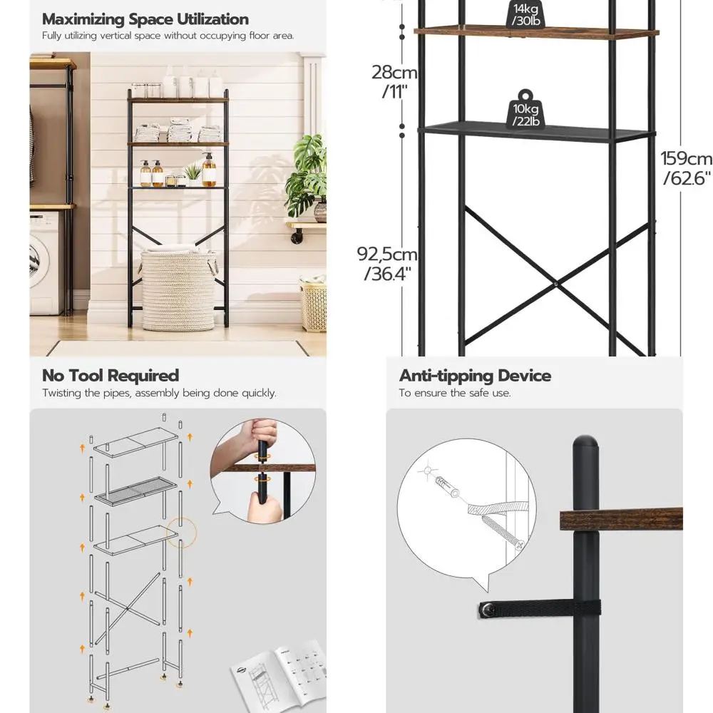 

Space-Saving 3-Tier Freestanding Toilet Organizer with Adjustable Feet, Rustic Brown and Black, Easy Assembly BF63TS01