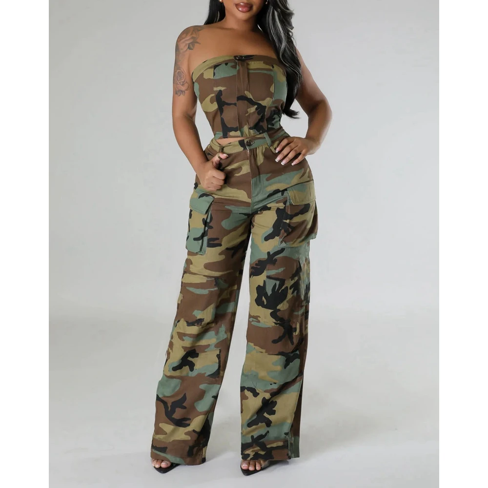 

2024 Women Camouflage Print Top & High Waist Pocket Design Cargo Pants Set Femme Casual Two Pieces Suit Set Outwear y2k Clothes