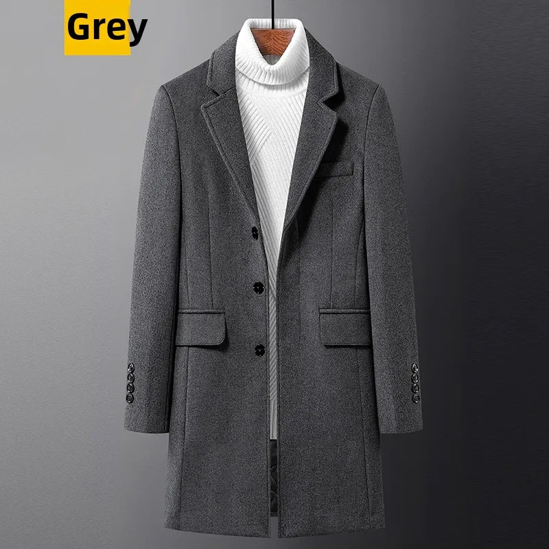 

Men's Mid-Length Woolen Coat Casual Busin Suit Collar Autumn Winter Warm Versatile Men's Wear Straight Hemline Wool Blend