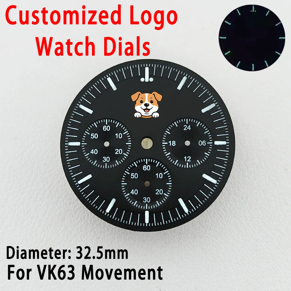 Customized Logo Watch Dial Panda Dial VK63 Dial 32.5mm C3 Green Luminous ingle Calendar Dial Diy Watch Dial Quartz Watch Dial