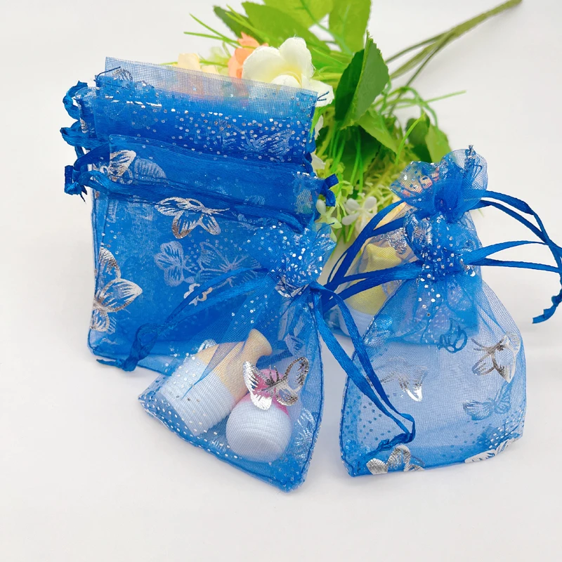 

100pcs Butterfly Royal Blue Organza Gift Bags Wedding Packaging Jewelry Storage Bags Blue Butterfly Sachet Bag Drawstring Pouch