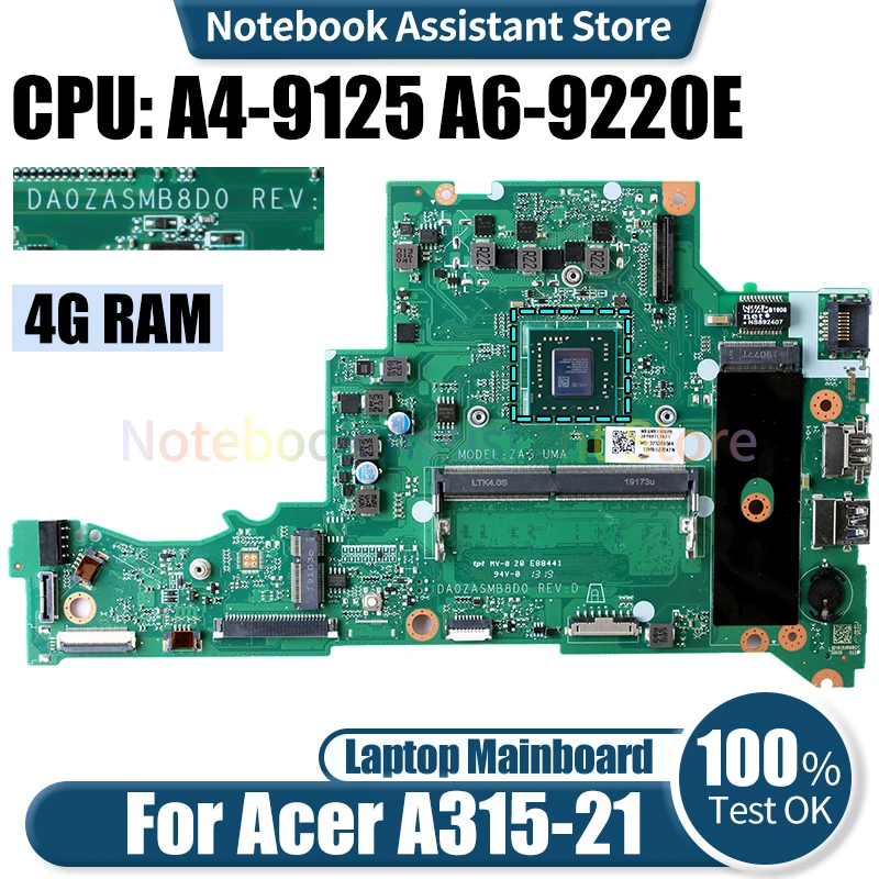 

For ACER A315-21 Laptop Mainboard DA0ZASMB8D0 NBGNV1100P NBGNV1100N NBGNV1100U A4-9125 A6-9220E Notebook Motherboard