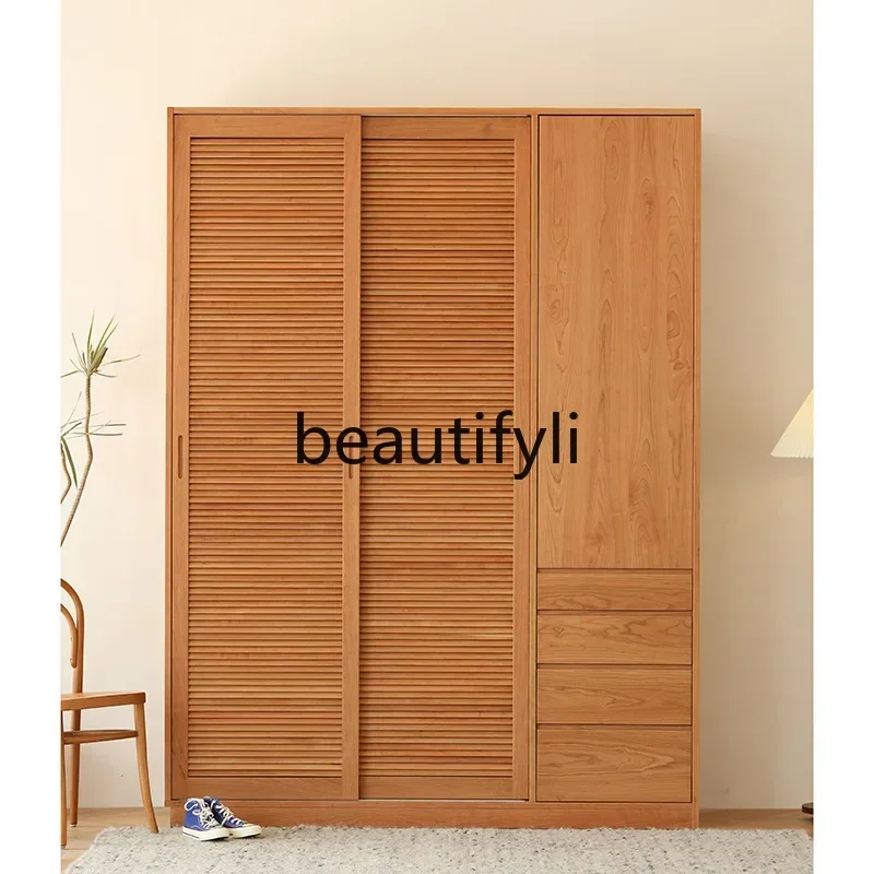 CC Japanese wardrobe pure solid wood shutter sliding door wardrobe cherry wood oak storage cabinet