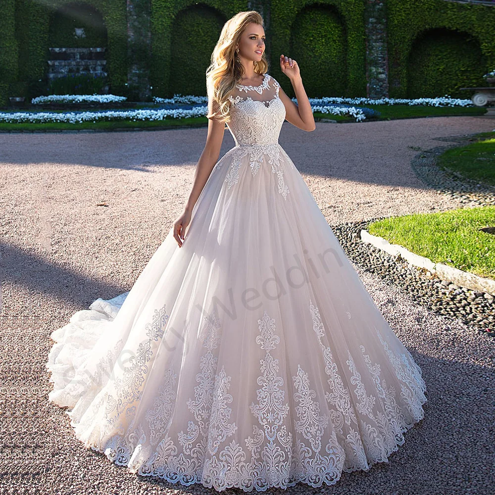 

Ball Gown Wedding Dress Classic Cap Sleeve Scoop Neck Applique Soft Tulle Robe De Mariage Corset Bridal Bride Dresses