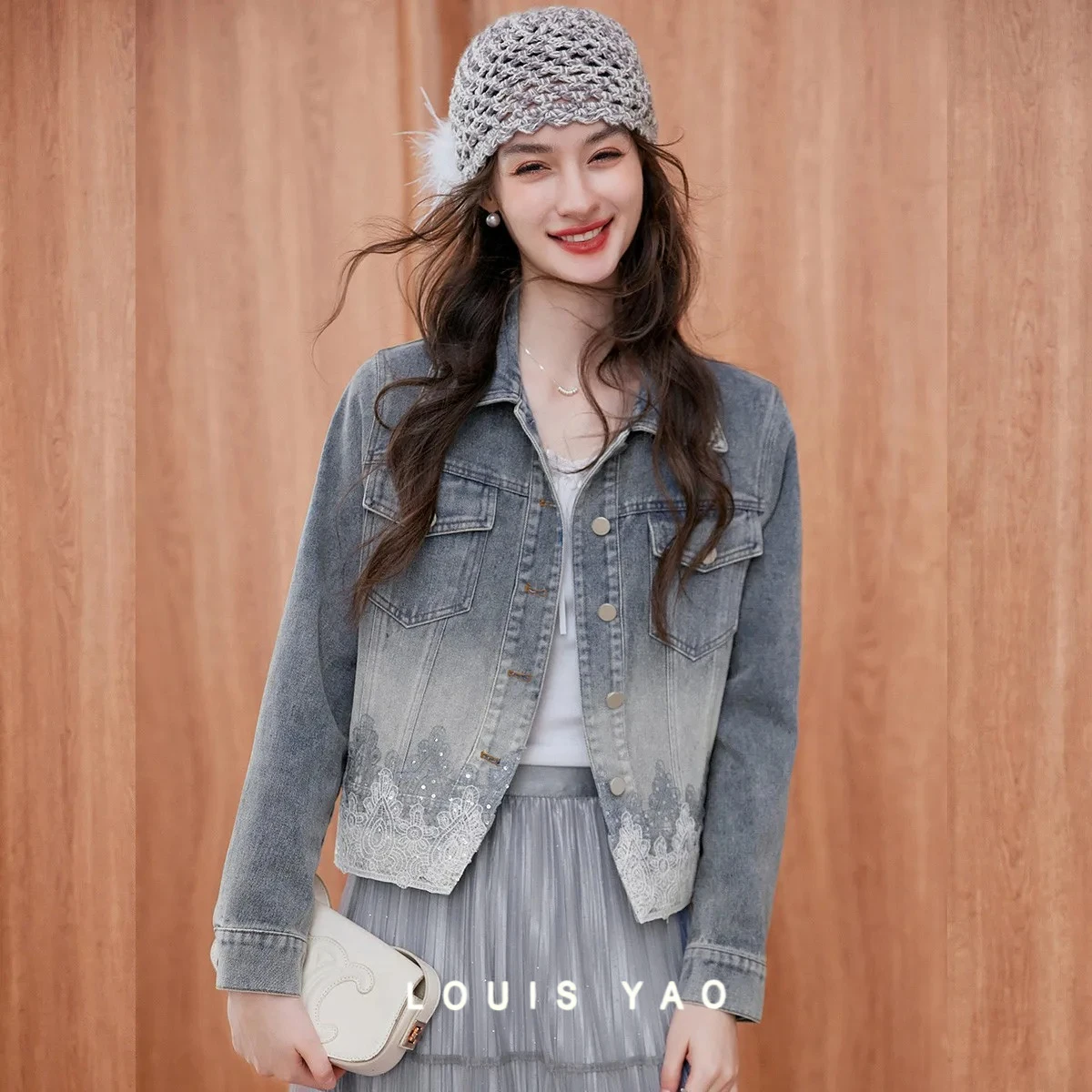 

LOUIS YAO женская джинсовая куртка 2022, осеннее пальто, повседневное женское пальто с прямыми плечами и воротником с кружевной отделкой