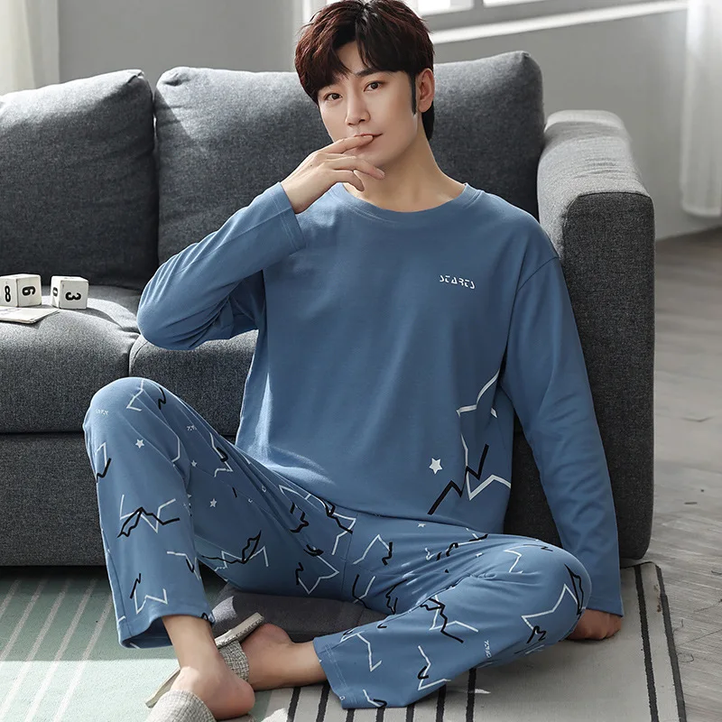 Spring And Autumn Pajamas Men\'s Long-Sleeved Long Trousers Pajamas Thin Cotton Autumn And Winter Models Of Leisure Homewear Suit