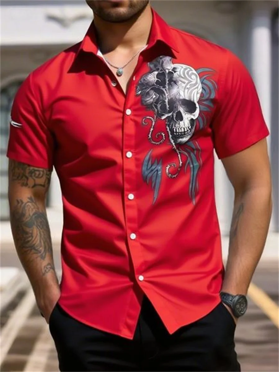 

Men's Retro Skull Print Short Sleeve Hawaiian Shirt 14 Colors Street Wear Lapel Large Size Casual Wear 3D Printing