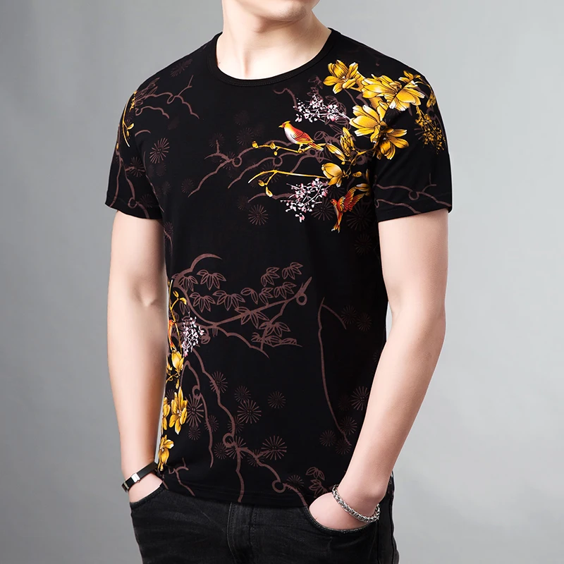 Men's Chinese Style Short Sleeve T-shirt Knitted Pure Cotton Round Neck Clothes Printed Pullover Base Drop Shipping