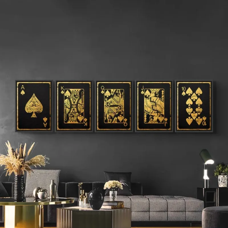 Black Gold Poker Cards Canvas Print Poster Royal Flush of Spades Art Prints Boys Game Room Bedroom Wall Art Home Decor Poster