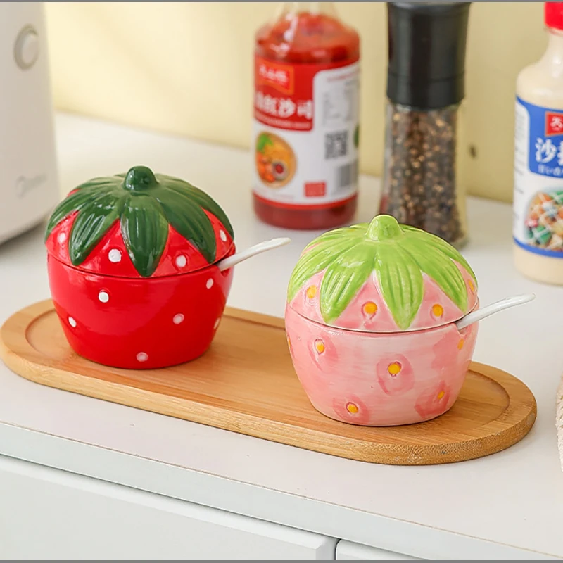 

Керамическая банка для приправ с клубникой и яблоком, кухонная банка для соли, сахара, чили, соевый соус, бутылка для уксуса, бытовая коробка для приправ с клубникой