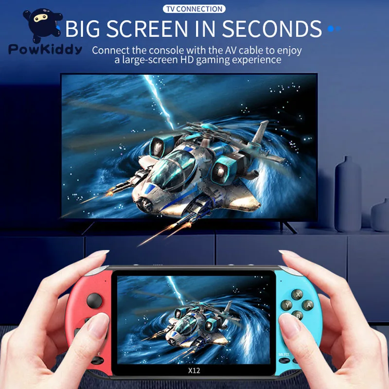 Powkiddy X12P 5.1Inch Screen Video Game Console 8G 32/64/128 Bit Support AV 3000+ Portable TV Handheld Game Console Kids Gifts