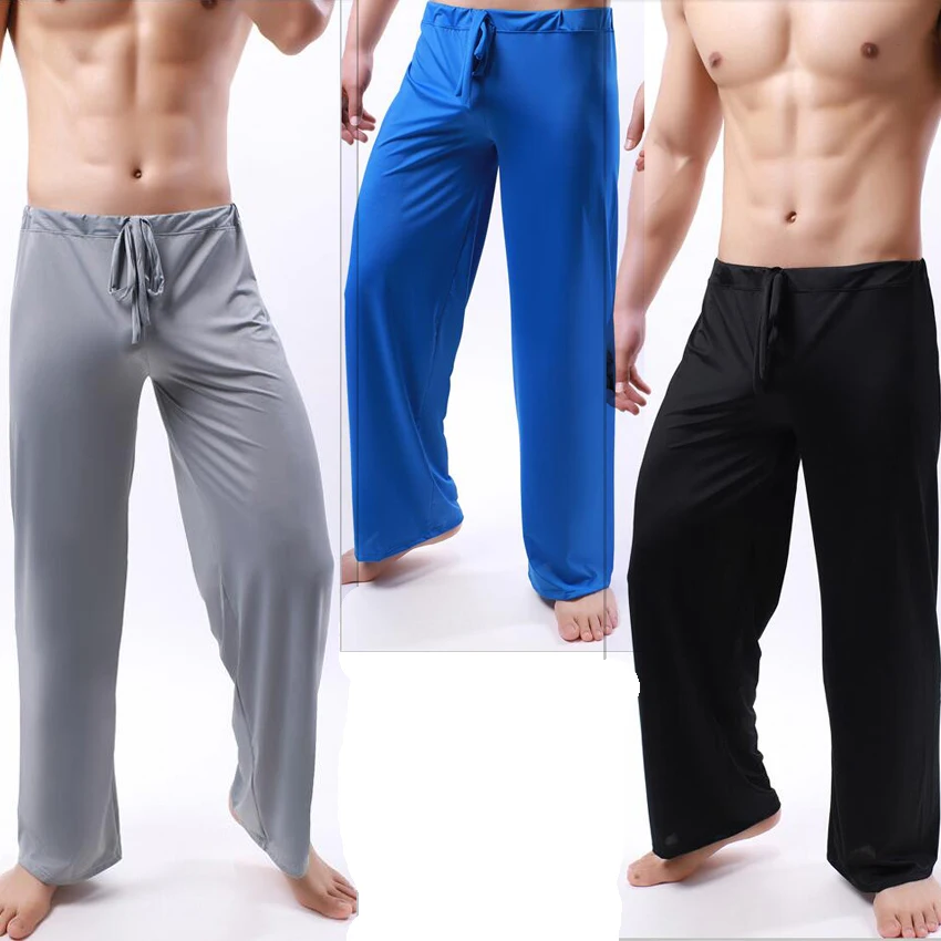 Sexy Men\'s Casual Pyjama Pants Solid Color Ice Silk Drawstring Elastic Waist Loose-Fitting Yoga Trouser Lounge Pajama Pants