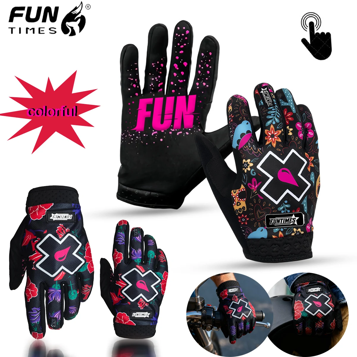 FUNTIMES Colorful Motorcycle Men's Riding Full Finger Gloves with Touchscreen Pattern Design Finger Divided Gloves