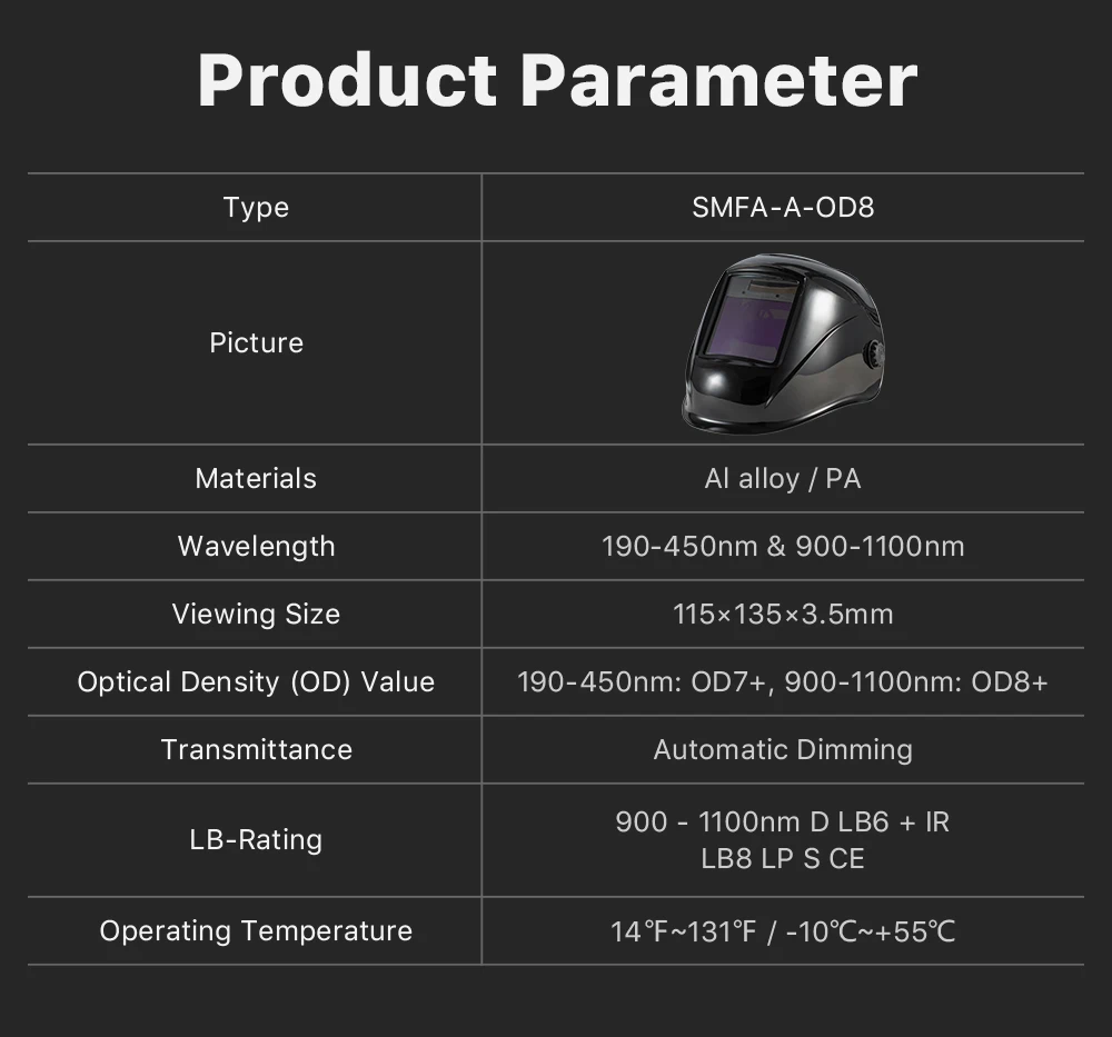 Automatischer Dimm-Schweißhelm OD8+ Fiber YAG UV-Laserschutz 190-450 nm und 900–1100 nm Schutz für Laserschweiß-Schneidemaschine – Detail 2