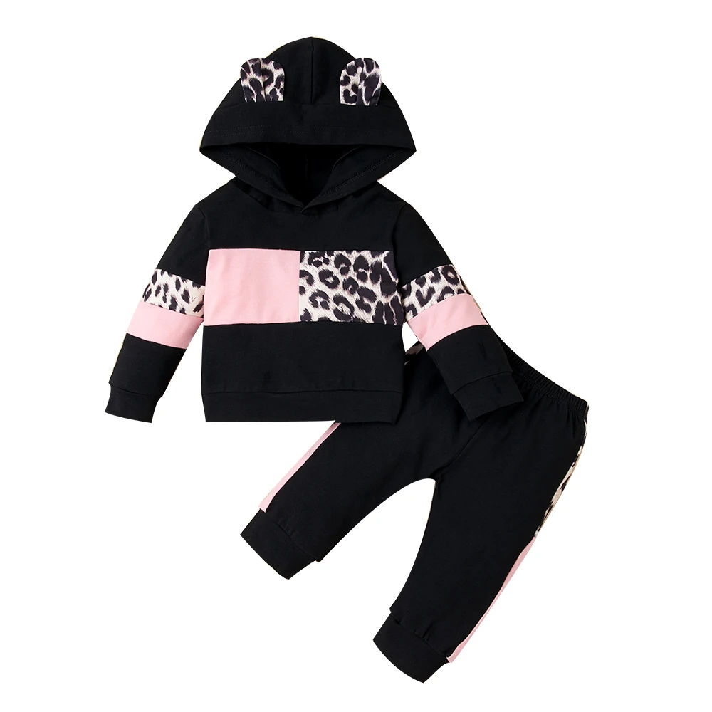 

Infant Baby Girl Clothes Wholesale 2pcs Newborn Autumn Winter Long-sleeve Hooded Leopard Patchwork Sweatshirt Sweatpants Set