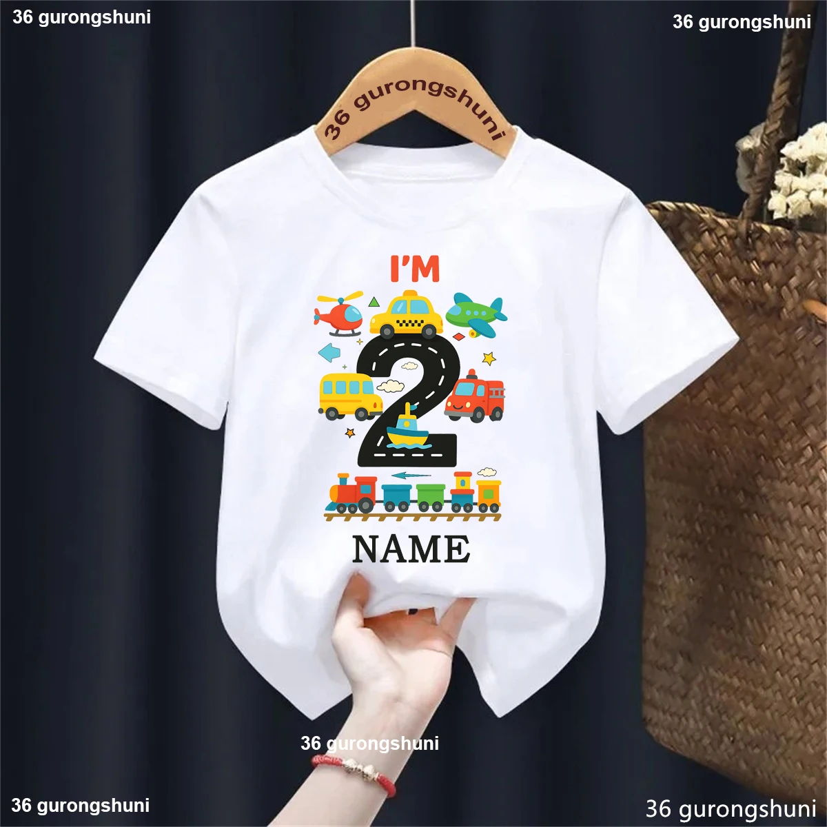 I'M 2 Birthday Boys Train Plane School Bus Fire Trucks Cars Cartoon Printed Boys Tshirt Customized Name Kids T-Shirt Gift Tops