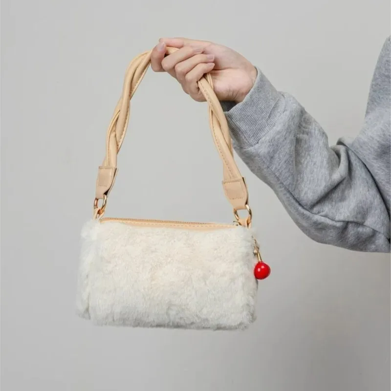

JIAERDI Sweet Cute Beige Handbag Women Plush Square Horizontal Shoulder Bags Ladies Fashion Casual Commuter Crossbody Bag 2025