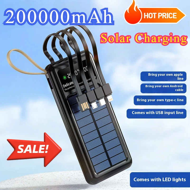 

Solar power Bank 200000mAh With Built-in Cable Lightweight And Large Capacity Supply for Mobile Phones Universal Mobile Power