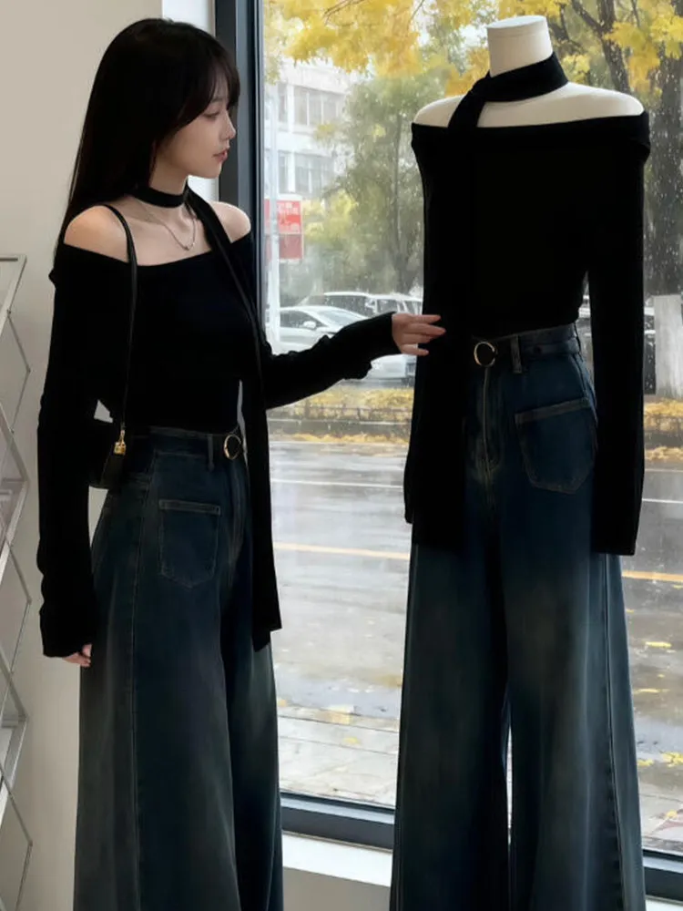 

Women's Fashionable Early Autumn Top Bla oulder Long Sleeve T shirt Spicy Girl Style Polyester Material