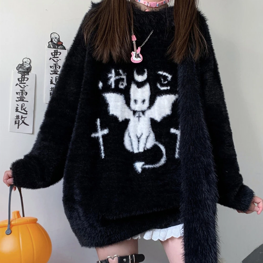 Artificial Mink Fur Soft Sweater Warm Winter Coat for Girls Devil Cat Embroidery Grunge Y2K Top Harajuku Couples Punk Pullover