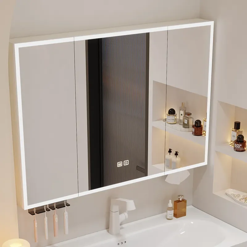 for New Cream White Treasure Box Front Nest Aluminum Bathroom Mirror Cabinet Separate Mirror with Toothbrush Holder Tissue