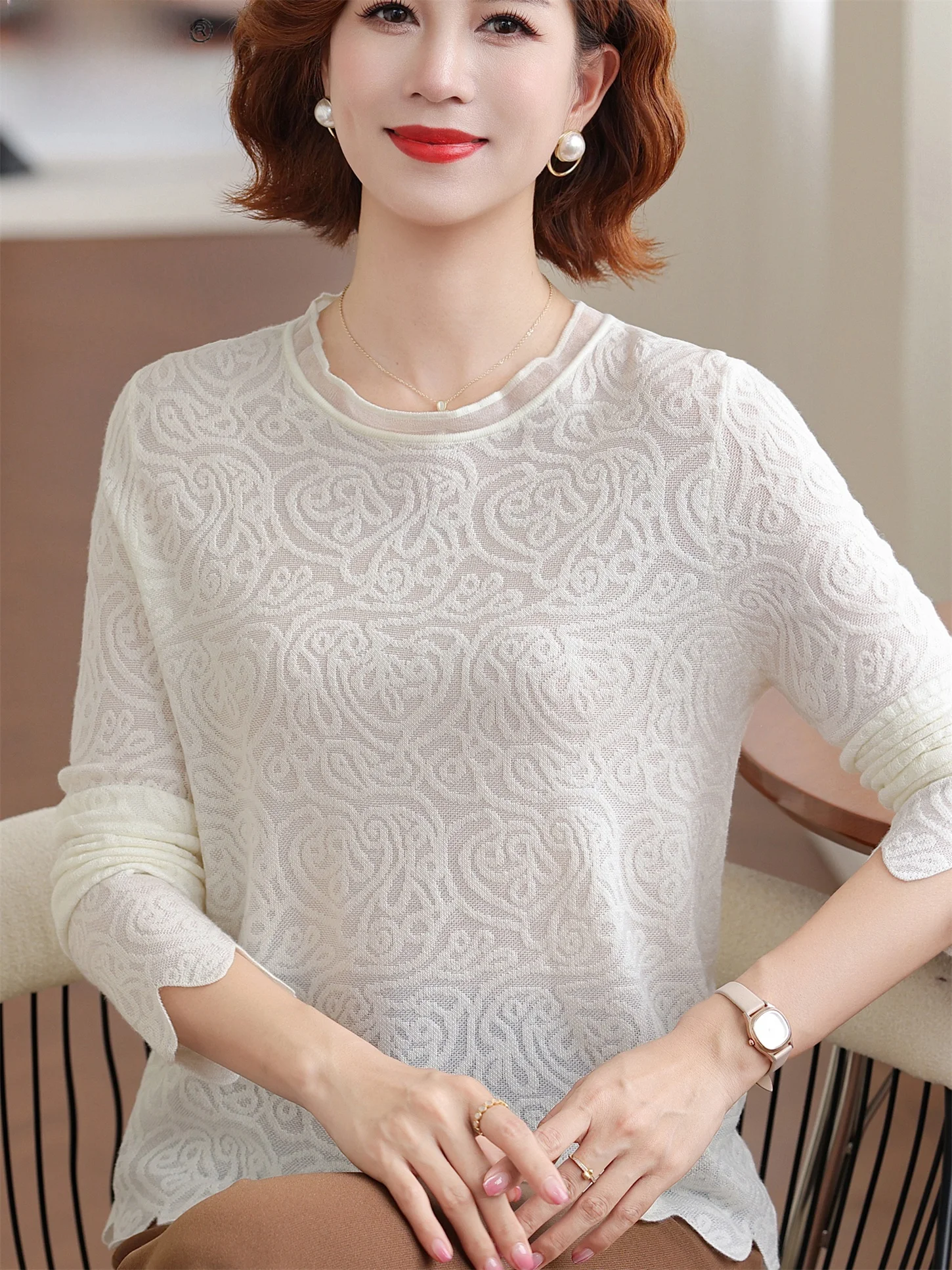 

Faionable Hollow out Knitted Base irt for Middle-Aged And ly Women Wave Hemline Inner Wear Spring Autumn New Sle