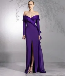 Customized Elegant Long Purple Off Shoulder Evening Dresses with Slit Mermaid Floor-Length Sweep Train Prom Dresses for Women