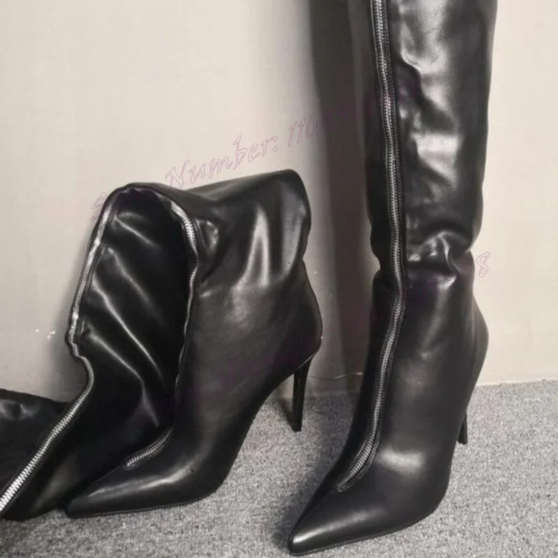 

Black Front Zipper Pointed Toe Boots Over The Knee Shoes for Women Stilettos High Heels Sexy Lady Shoes 2024 Zapatos Para Mujere