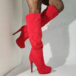 LAIGZEM Women Over Knee High Boots Faux Suede Zip Pleated Thin High Heels Boots Handmade Ladies Shoes Woman Big Size 41 43 45 52