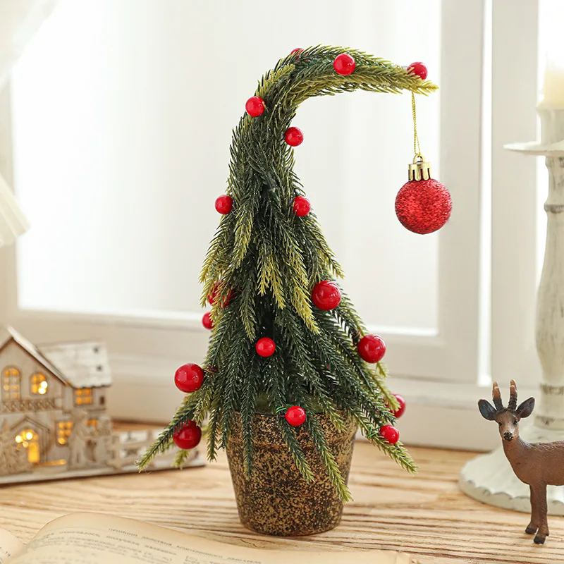 New Green Slanted Neck Mini Christmas Tree – Snowy Faux Red Berry Potted Figurine for Tabletop Display