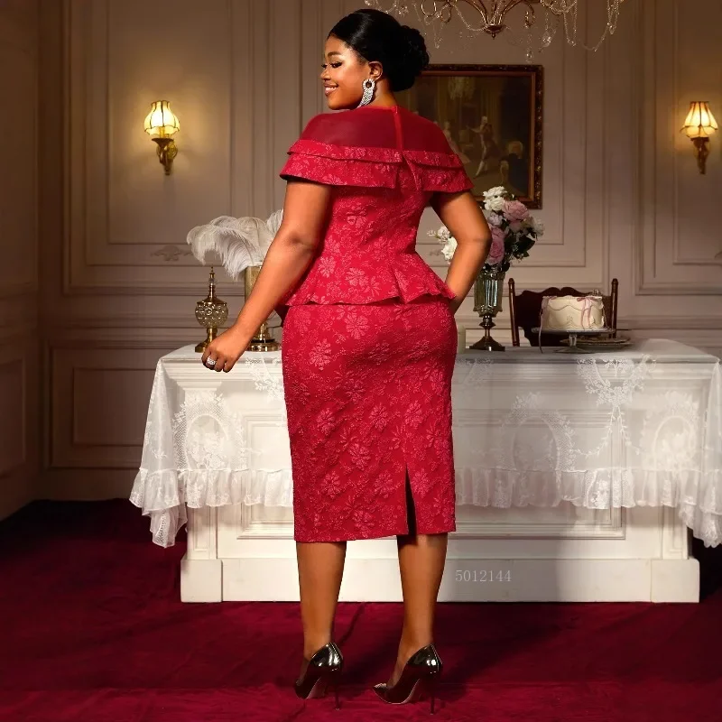 L-4XL Plus Size African Dresses for Women Autumn African Short Sleeve O-neck Red Pink Party Evening Bodycon Dress Gowns Outfits