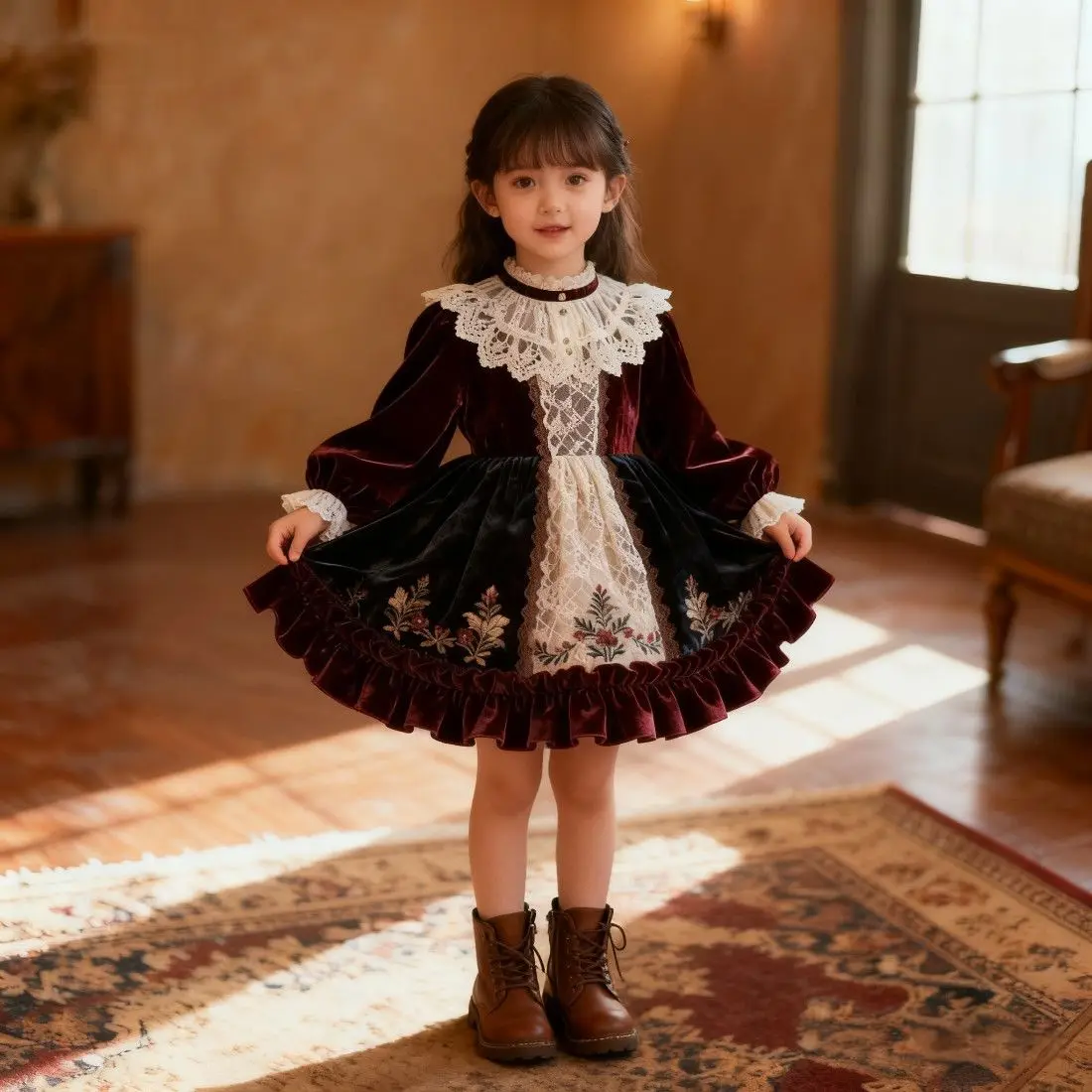 

Осенне-зимнее платье для девочек, новинка 2025 года, элегантное кружевное пышное платье в дворцовом стиле на день рождения, платье принцессы