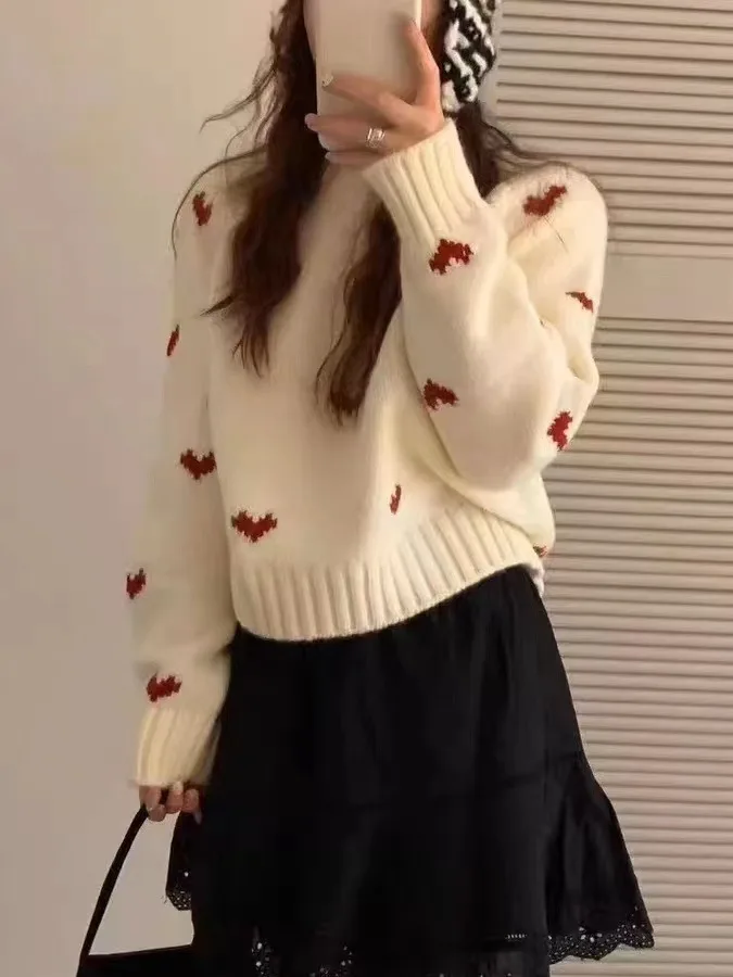 Loose Women's Knitted Sweater round Neck Overhead Heart Pattern Autumn Winter New Style Korean Fashion Casual Outerwear Top